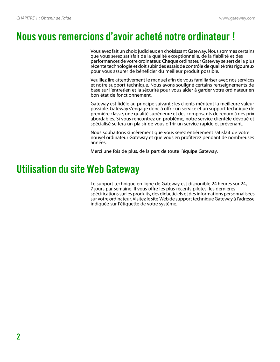 Gateway GT4015H manual Utilisation du site Web Gateway, Nous vous remercions d’avoir acheté notre ordinateur 