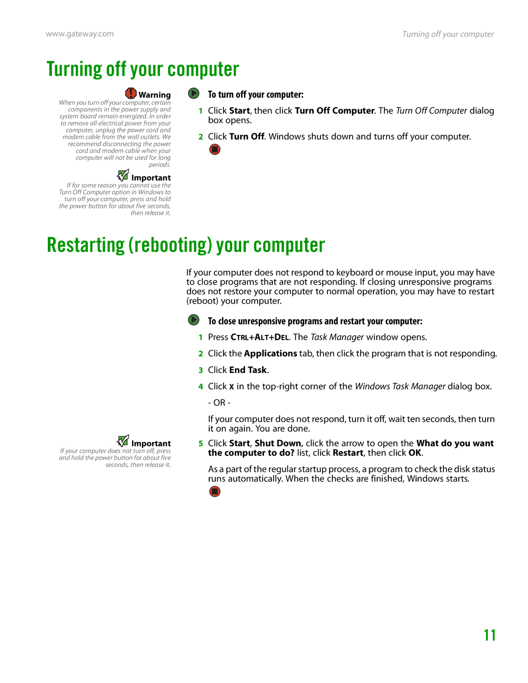 Gateway GT4015H Turning off your computer, Restarting rebooting your computer, To turn off your computer, Click End Task 