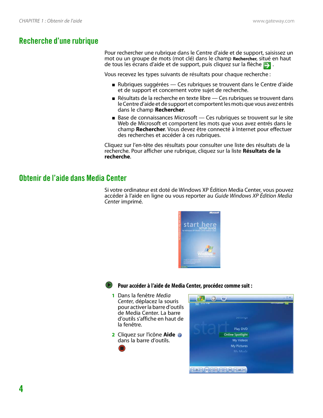 Gateway GT4015H manual Recherche d’une rubrique, Obtenir de l’aide dans Media Center 