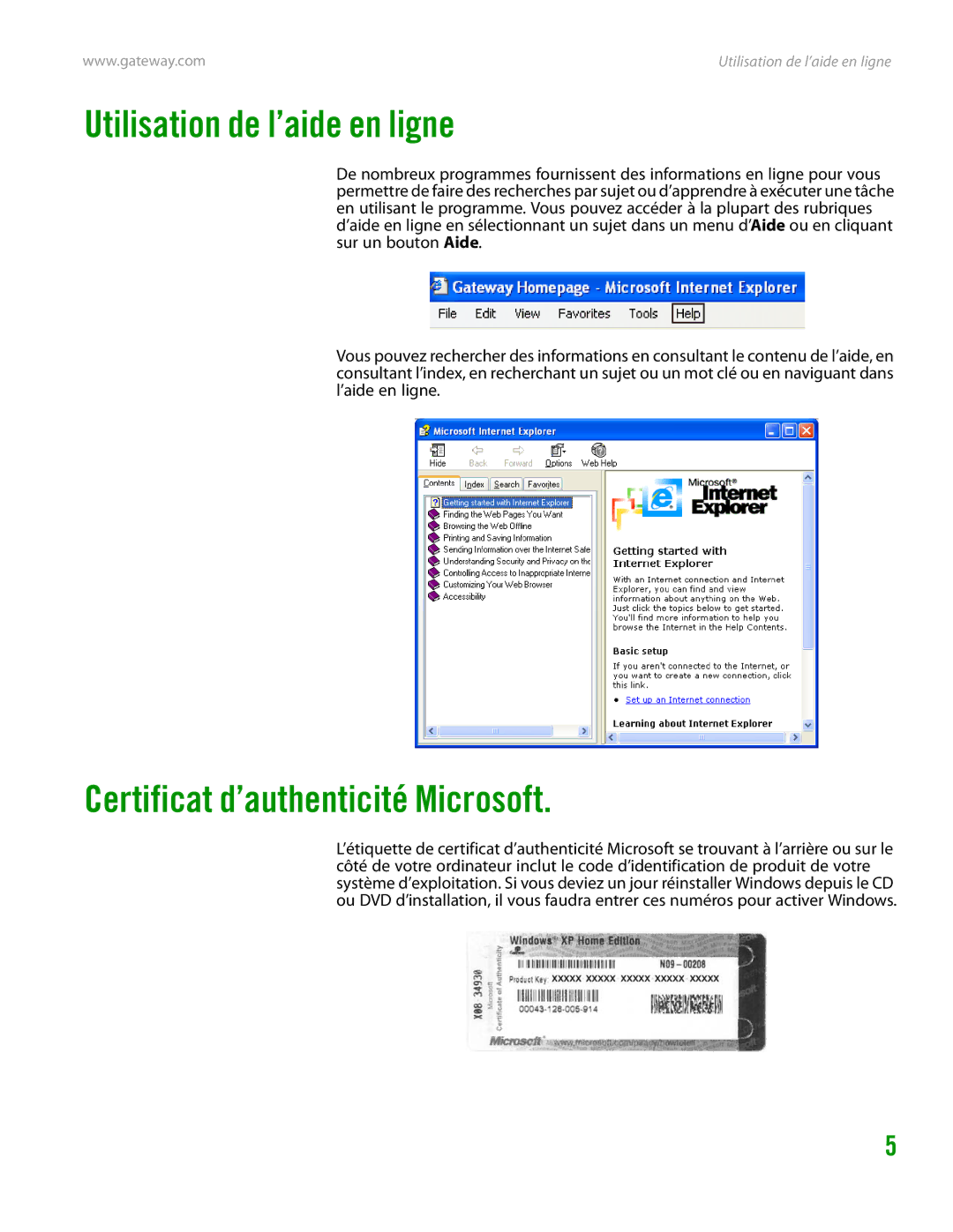 Gateway GT4015H manual Utilisation de l’aide en ligne, Certificat d’authenticité Microsoft 