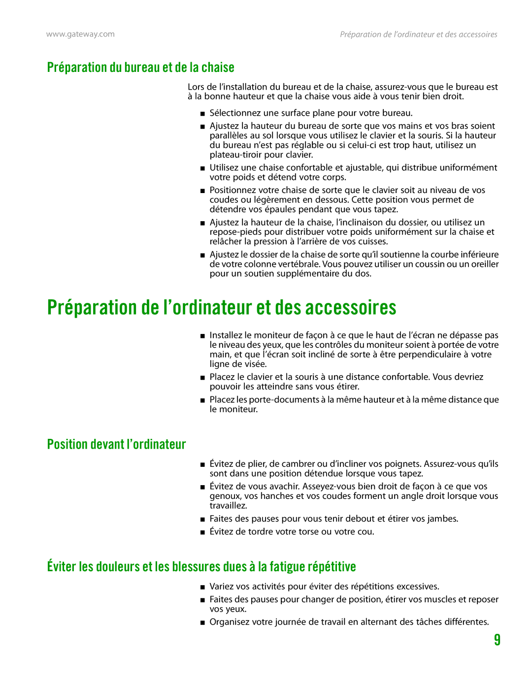 Gateway GT4015H manual Préparation de l’ordinateur et des accessoires, Préparation du bureau et de la chaise 