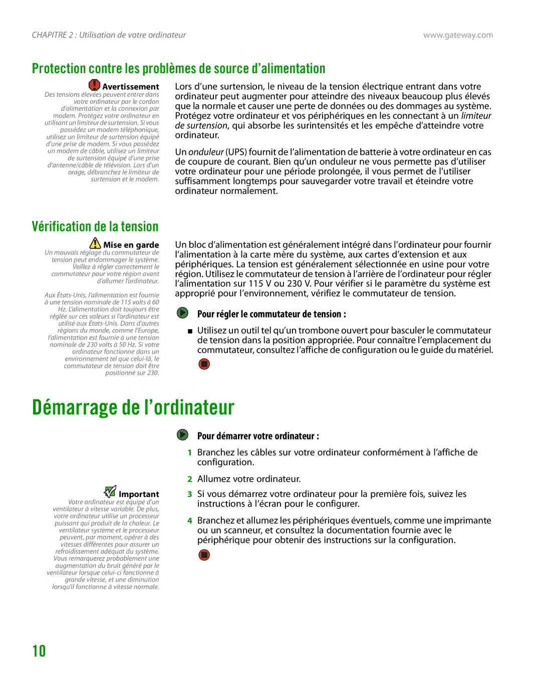 Gateway GT4015H manual Démarrage de l’ordinateur, Protection contre les problèmes de source d’alimentation 