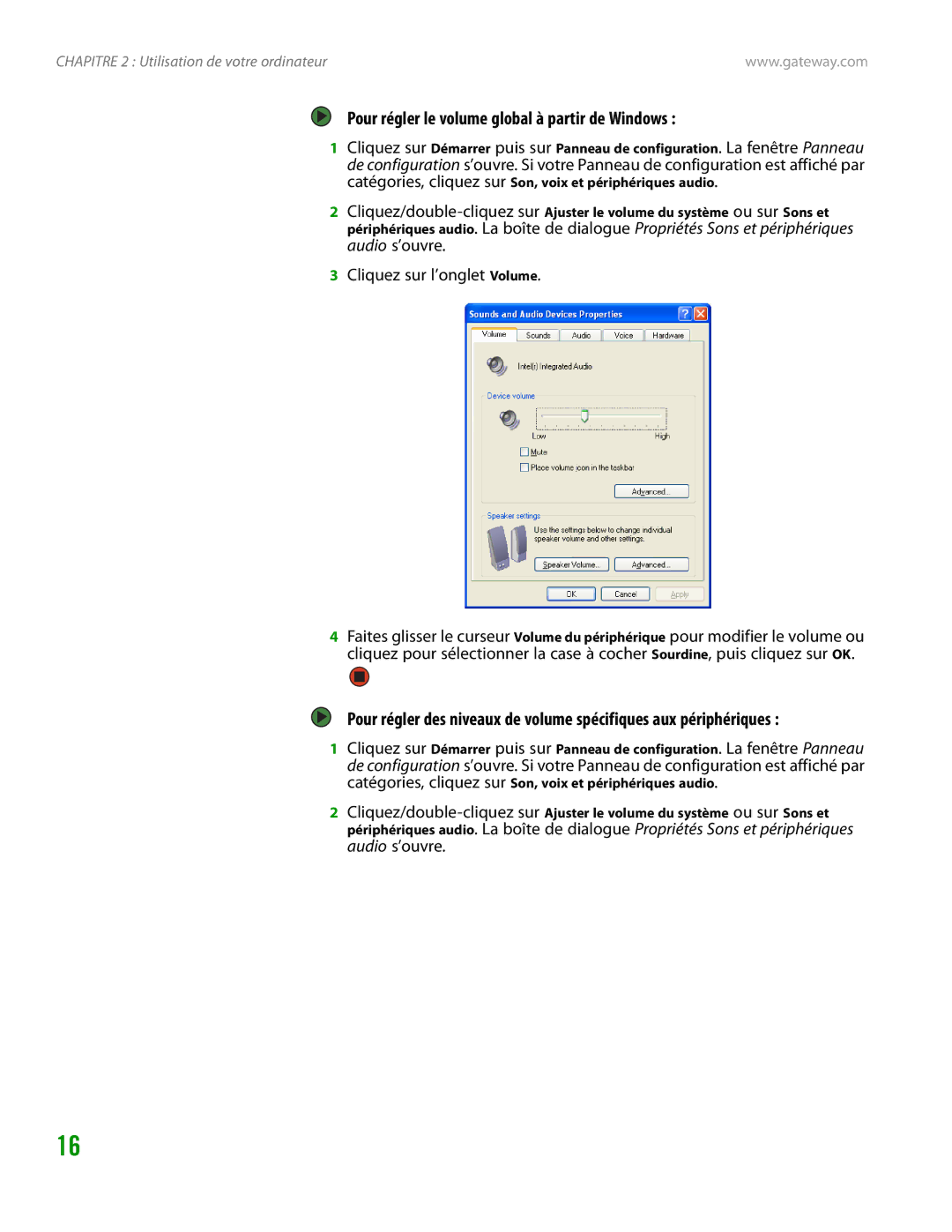 Gateway GT4015H manual Pour régler le volume global à partir de Windows, Cliquez sur l’onglet Volume 