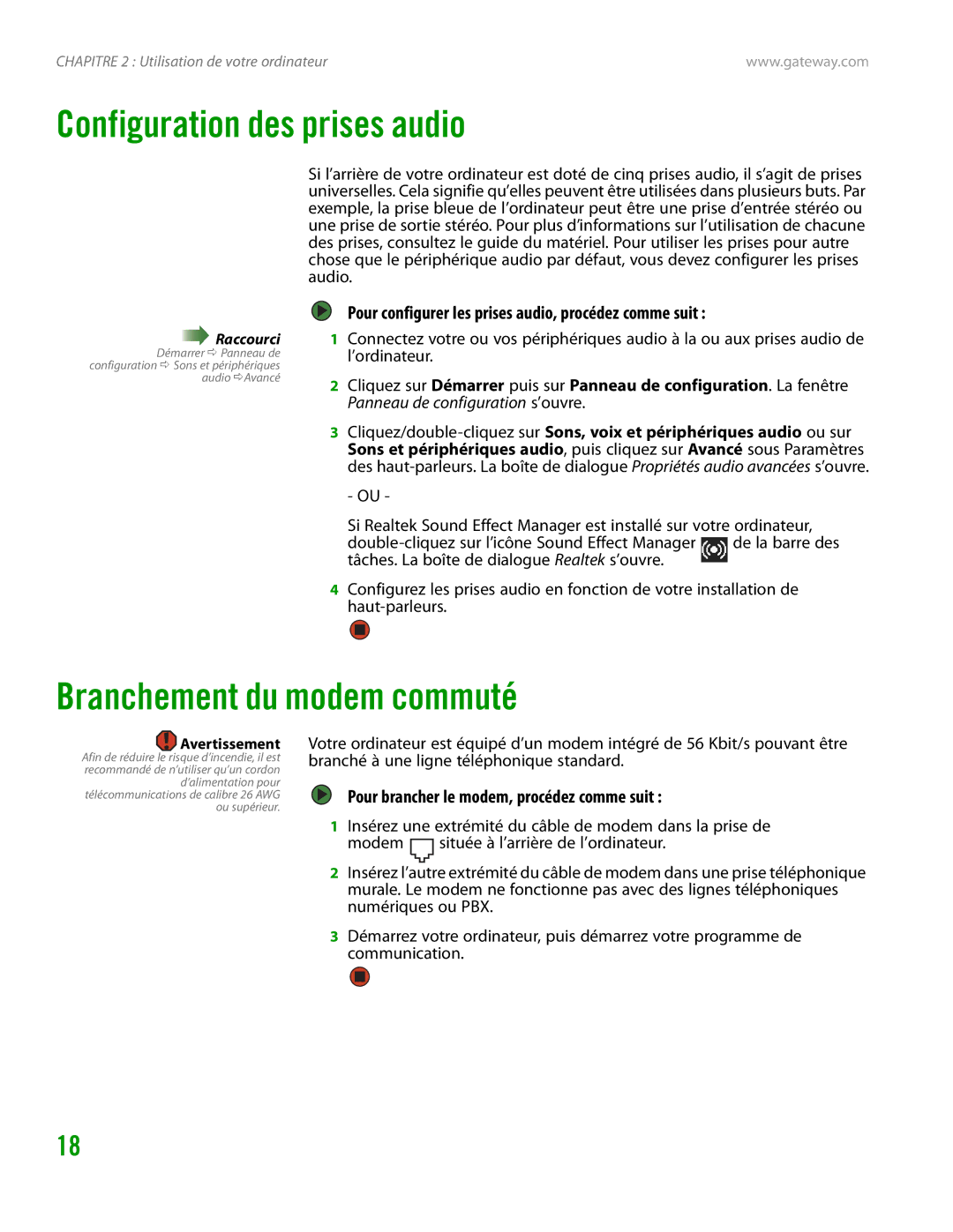 Gateway GT4015H Configuration des prises audio, Branchement du modem commuté, Pour brancher le modem, procédez comme suit 