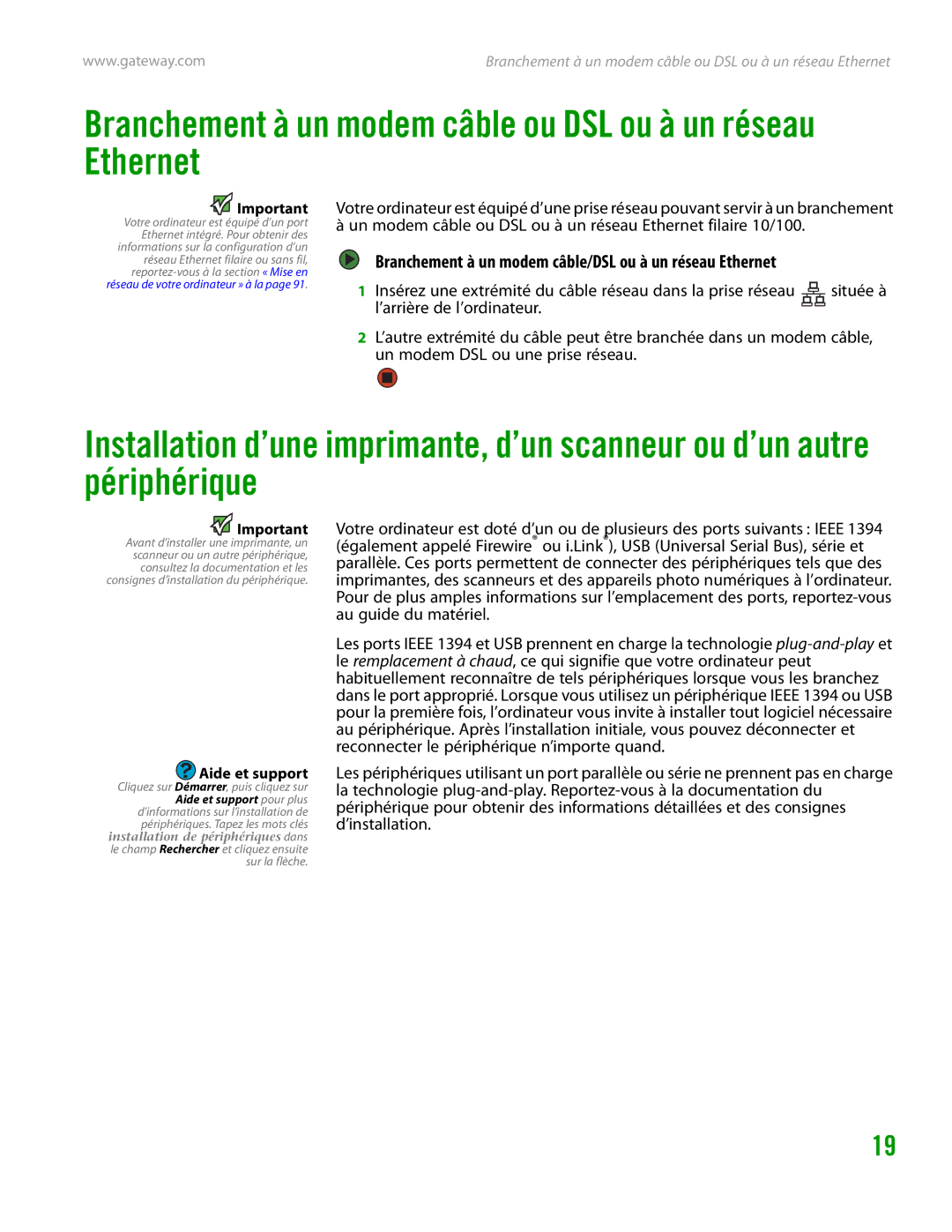 Gateway GT4015H manual Branchement à un modem câble ou DSL ou à un réseau Ethernet 