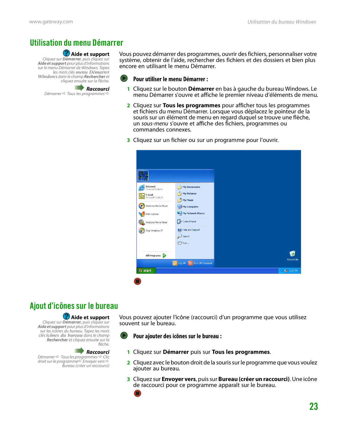 Gateway GT4015H manual Utilisation du menu Démarrer, Ajout d’icônes sur le bureau, Pour utiliser le menu Démarrer 