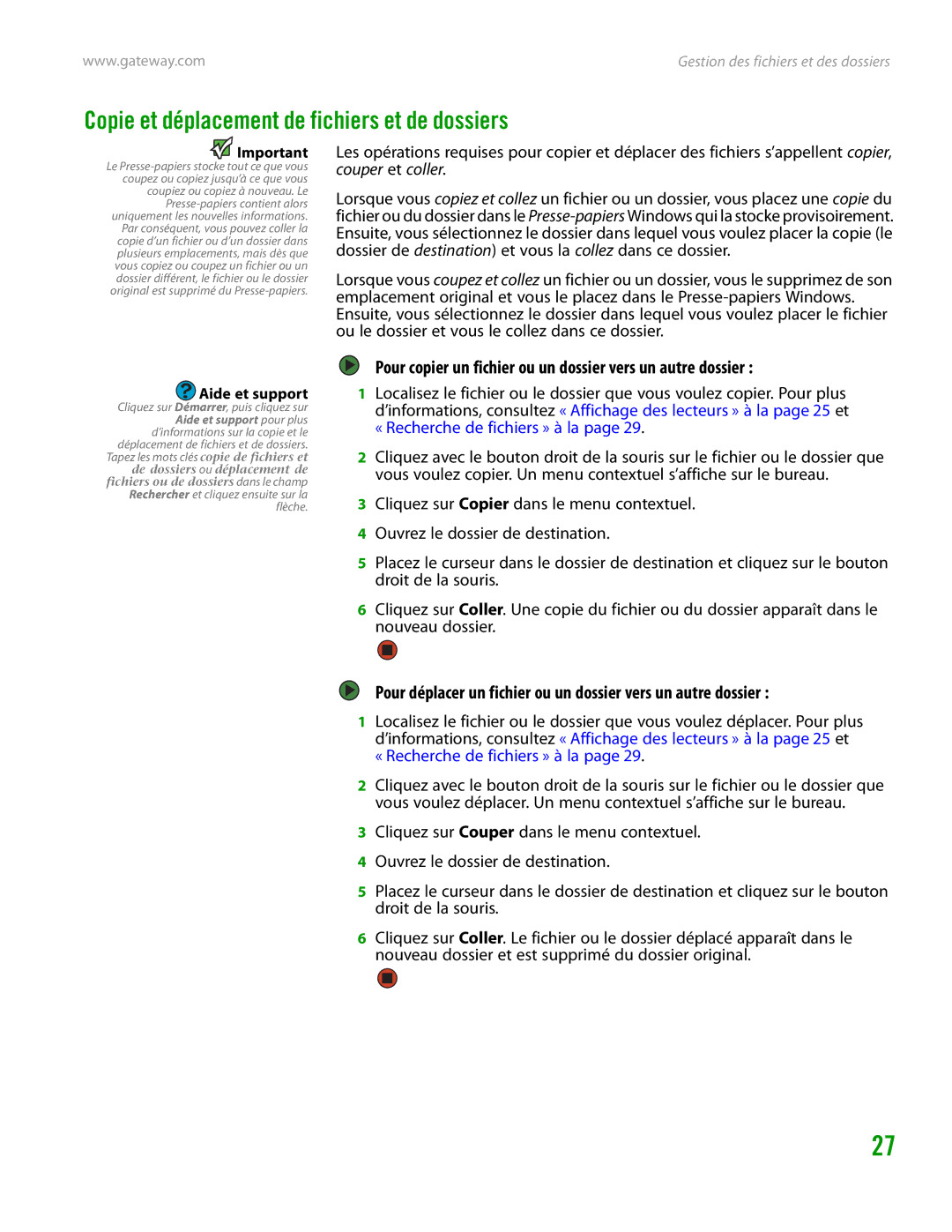 Gateway GT4015H manual Copie et déplacement de fichiers et de dossiers 