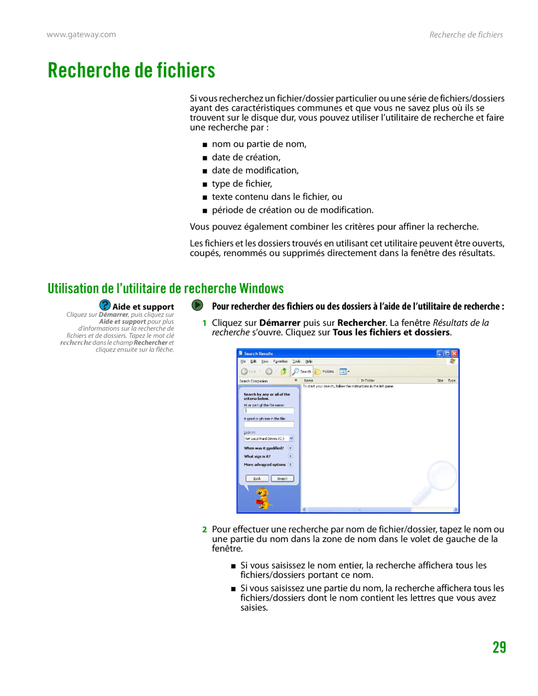 Gateway GT4015H manual Recherche de fichiers, Utilisation de l’utilitaire de recherche Windows 