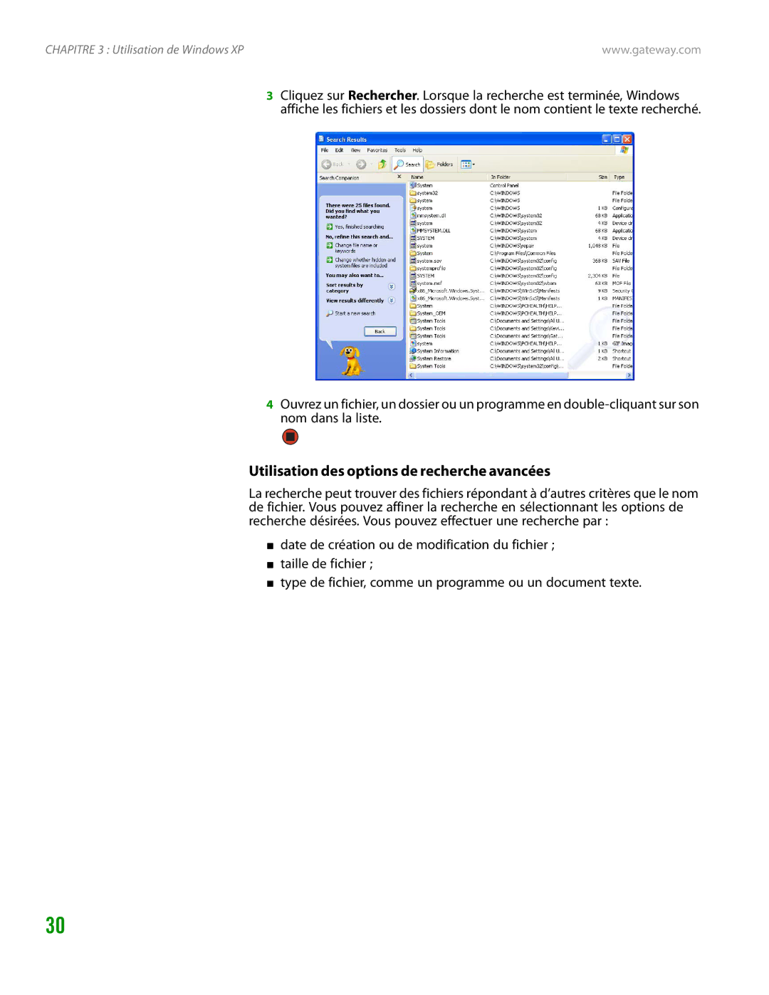 Gateway GT4015H manual Utilisation des options de recherche avancées 