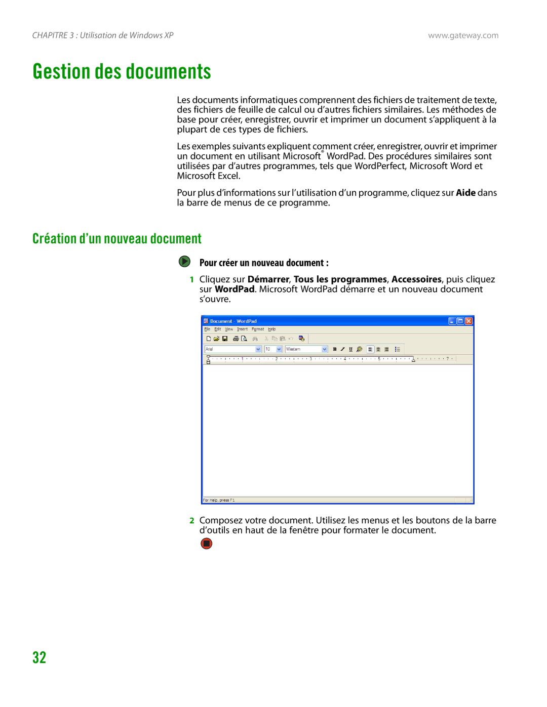 Gateway GT4015H manual Gestion des documents, Création d’un nouveau document, Pour créer un nouveau document 