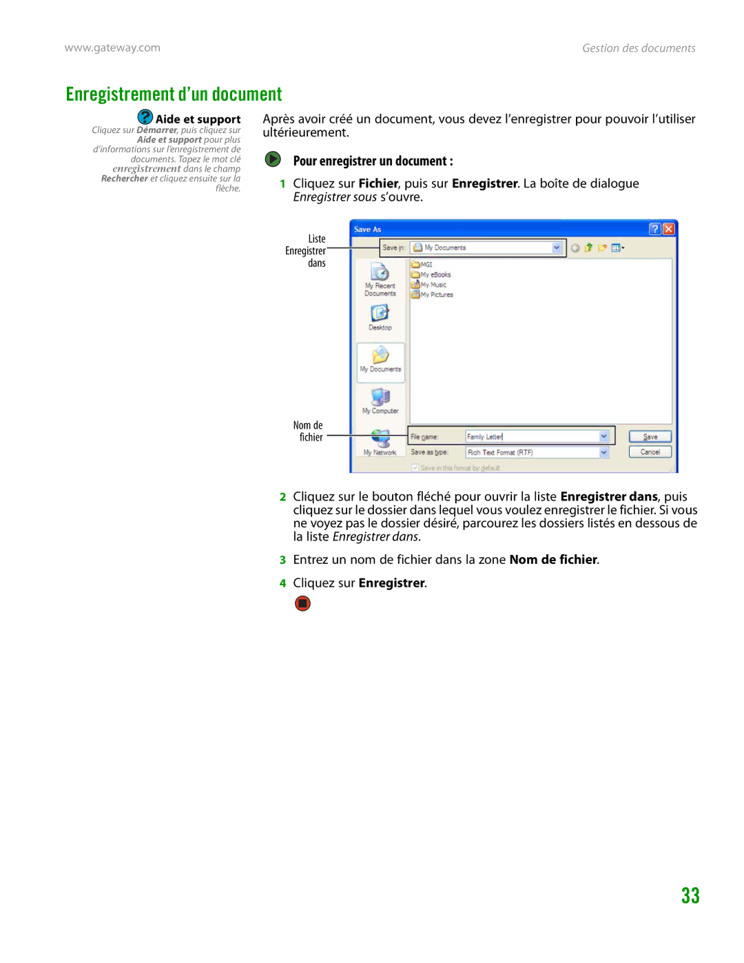 Gateway GT4015H manual Enregistrement d’un document, Pour enregistrer un document 