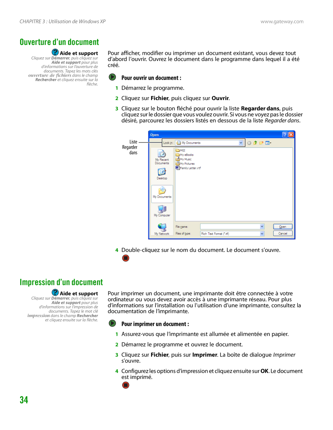 Gateway GT4015H manual Pour ouvrir un document, Pour imprimer un document 