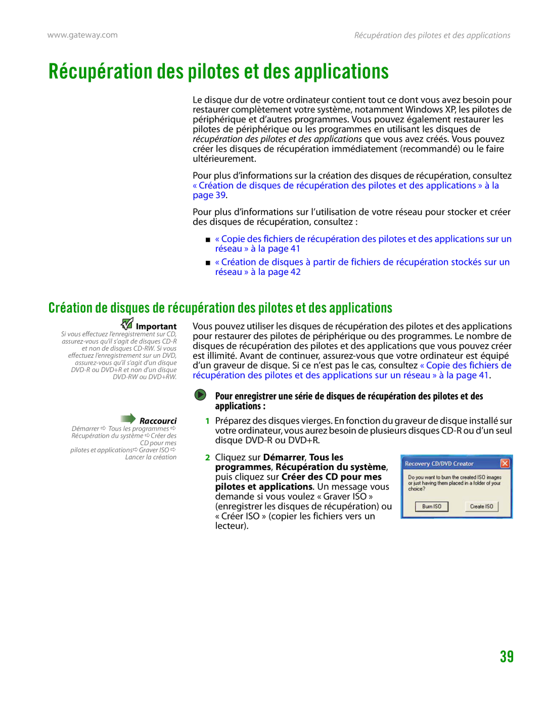 Gateway GT4015H manual Récupération des pilotes et des applications 