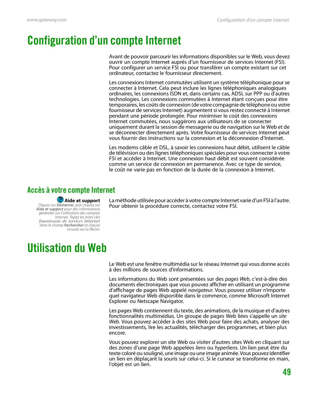 Gateway GT4015H manual Configuration d’un compte Internet, Utilisation du Web, Accès à votre compte Internet 