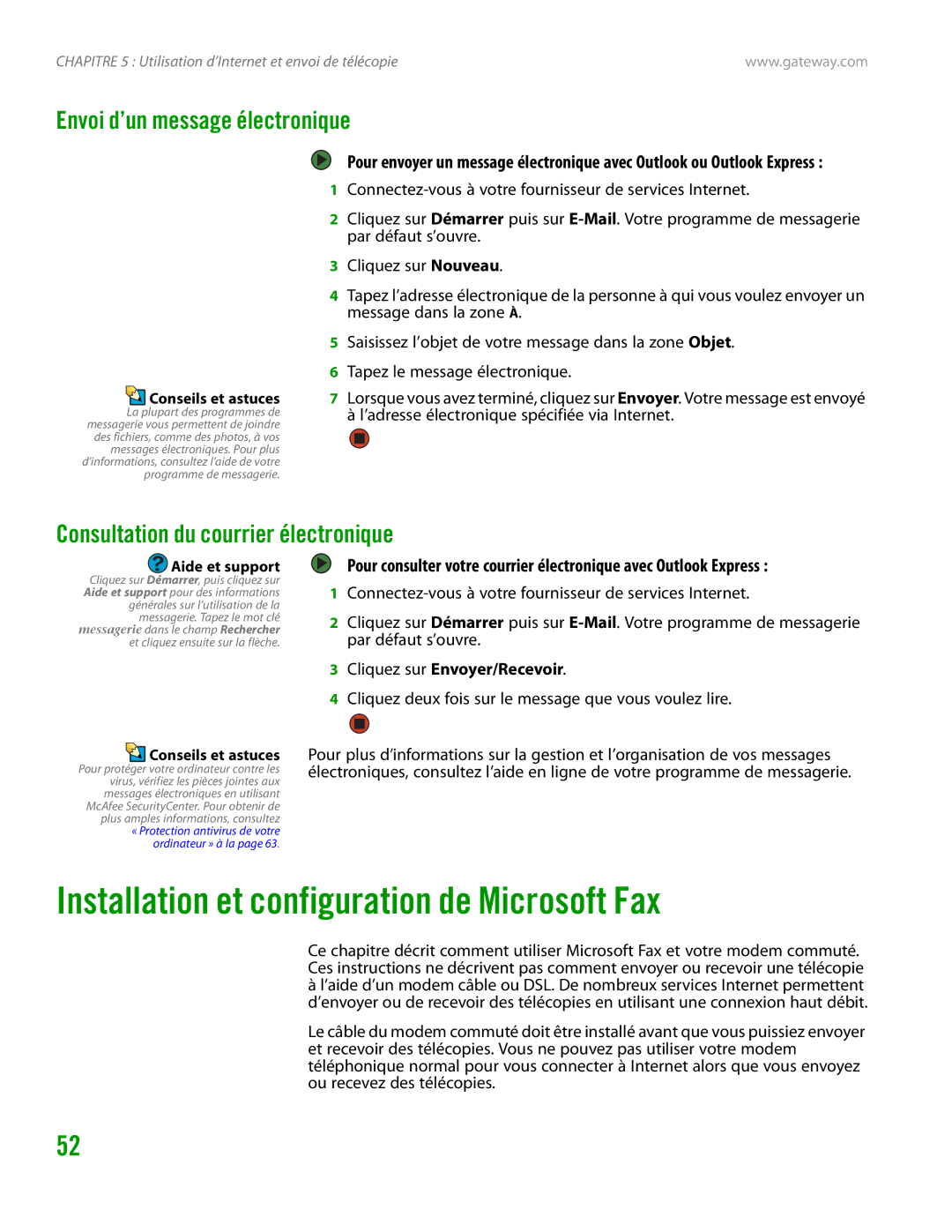 Gateway GT4015H manual Installation et configuration de Microsoft Fax, Envoi d’un message électronique 