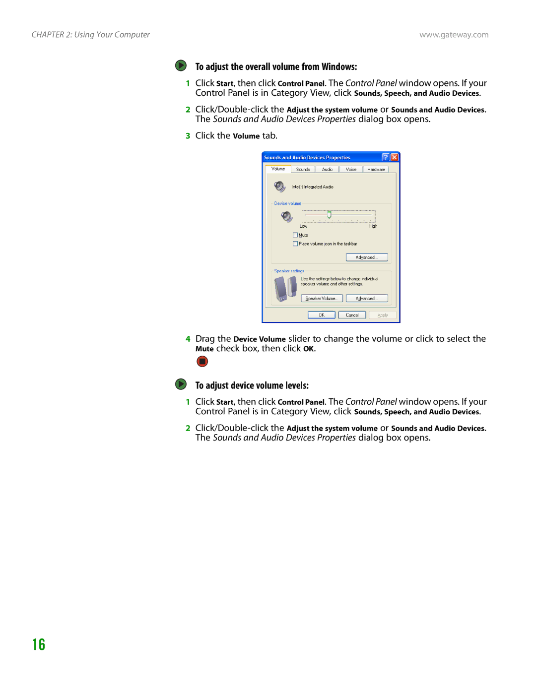 Gateway GT4015H manual To adjust the overall volume from Windows, To adjust device volume levels 