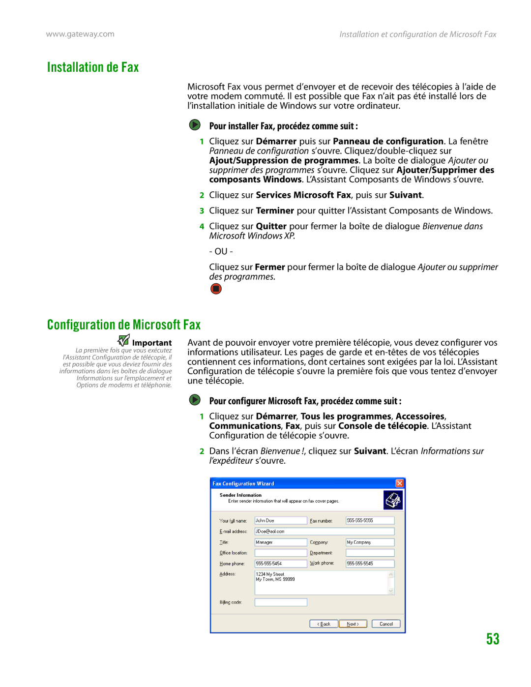 Gateway GT4015H manual Installation de Fax, Configuration de Microsoft Fax, Pour installer Fax, procédez comme suit 