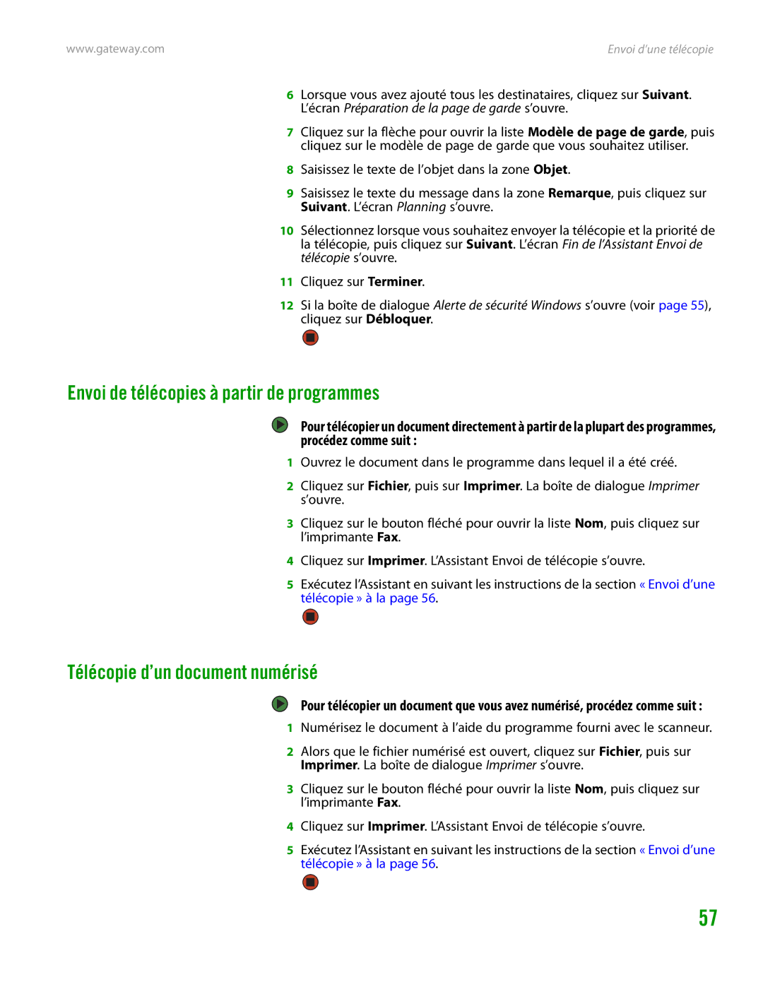 Gateway GT4015H manual Envoi de télécopies à partir de programmes, Télécopie d’un document numérisé 