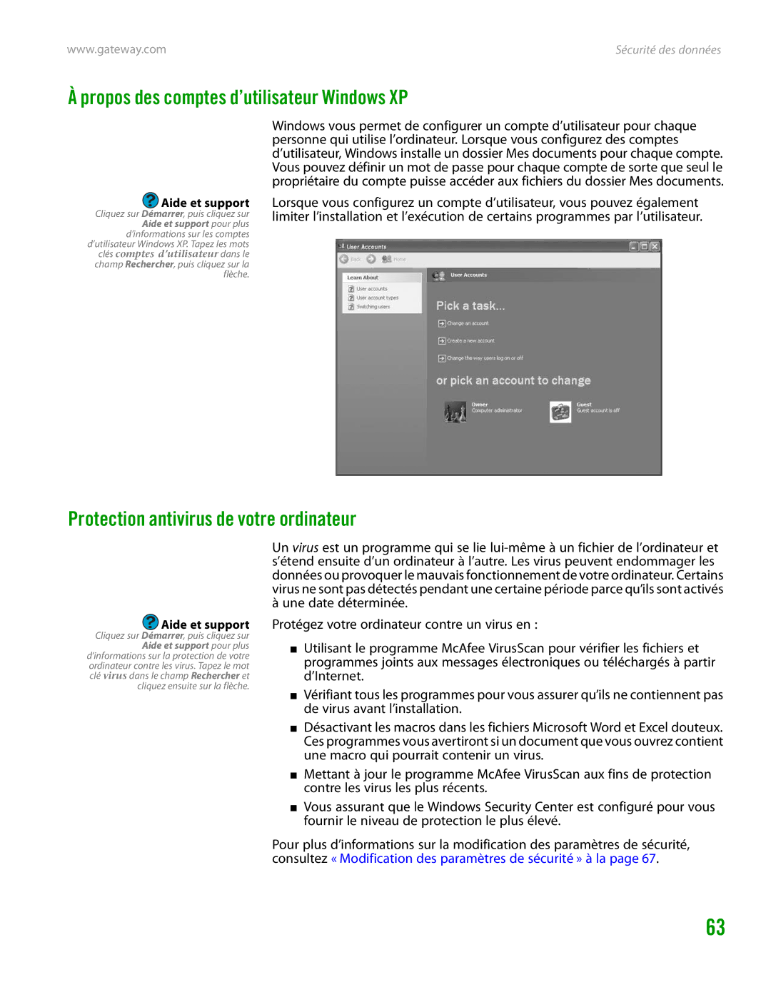 Gateway GT4015H manual Propos des comptes d’utilisateur Windows XP, Protection antivirus de votre ordinateur 