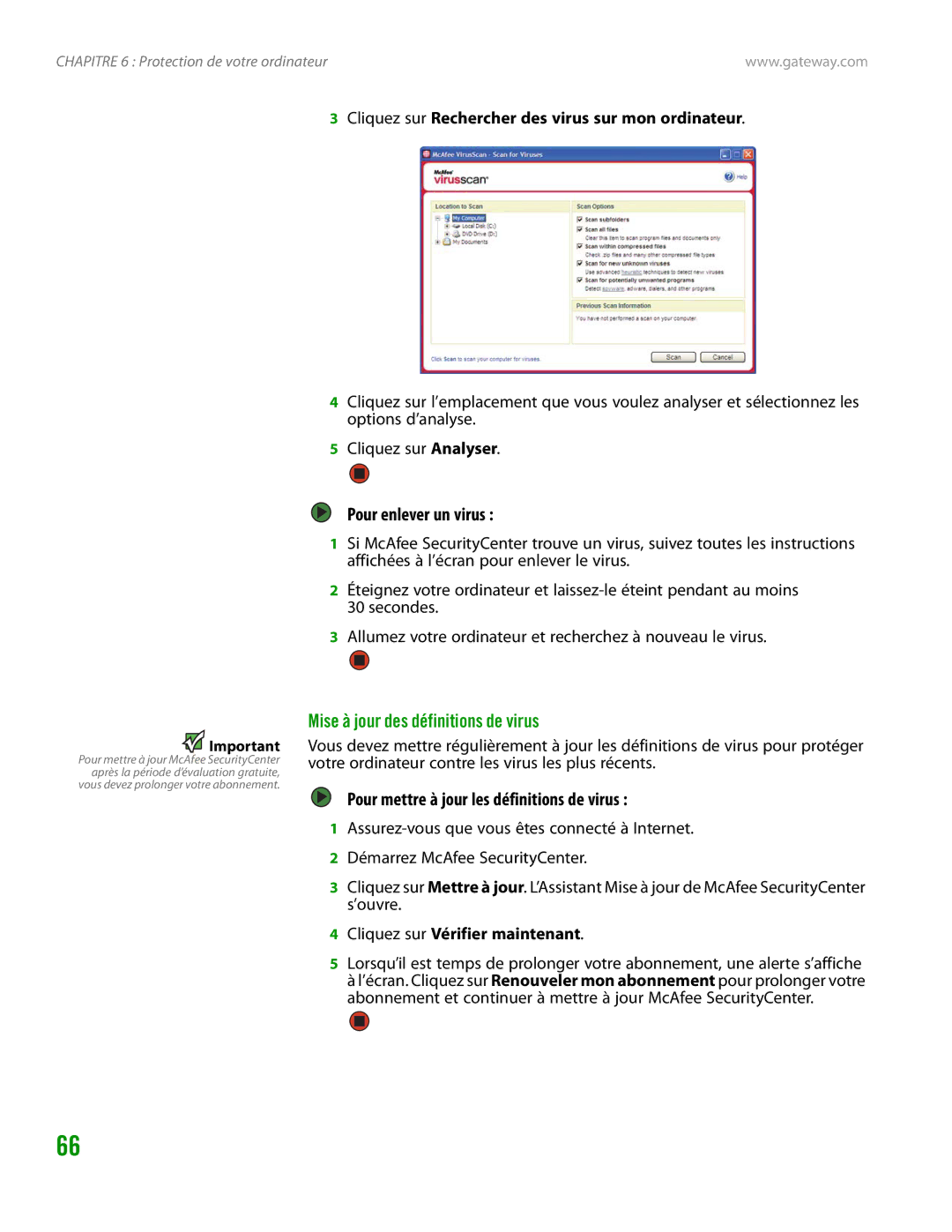 Gateway GT4015H Pour enlever un virus, Mise à jour des définitions de virus, Pour mettre à jour les définitions de virus 