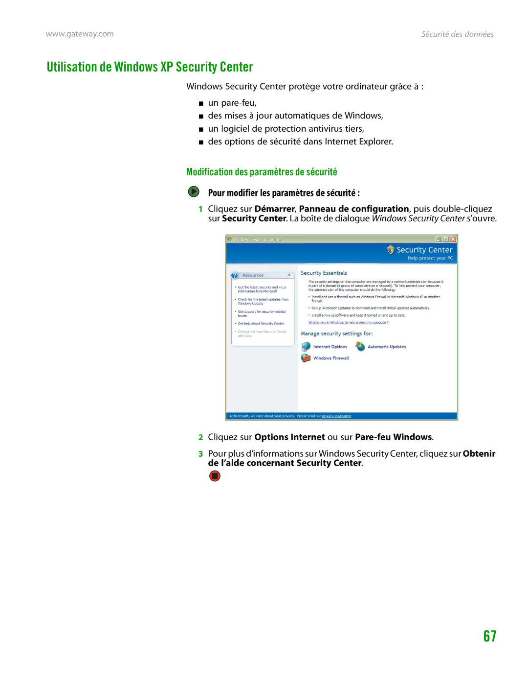 Gateway GT4015H manual Utilisation de Windows XP Security Center, Modification des paramètres de sécurité 