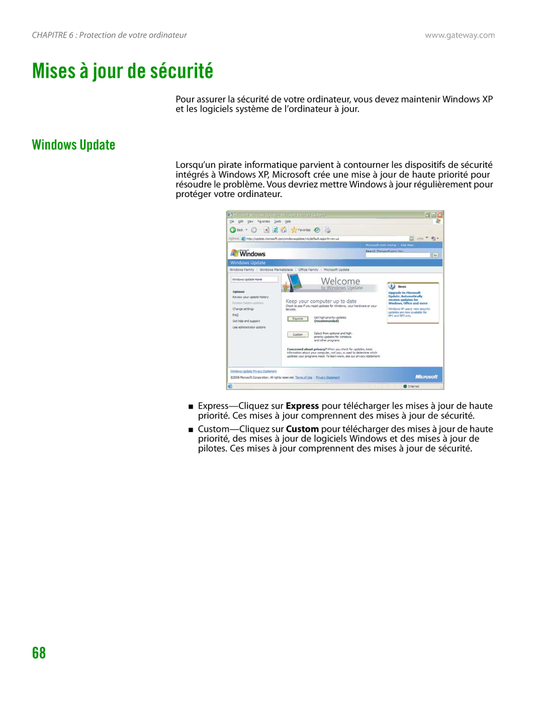 Gateway GT4015H manual Mises à jour de sécurité, Windows Update 