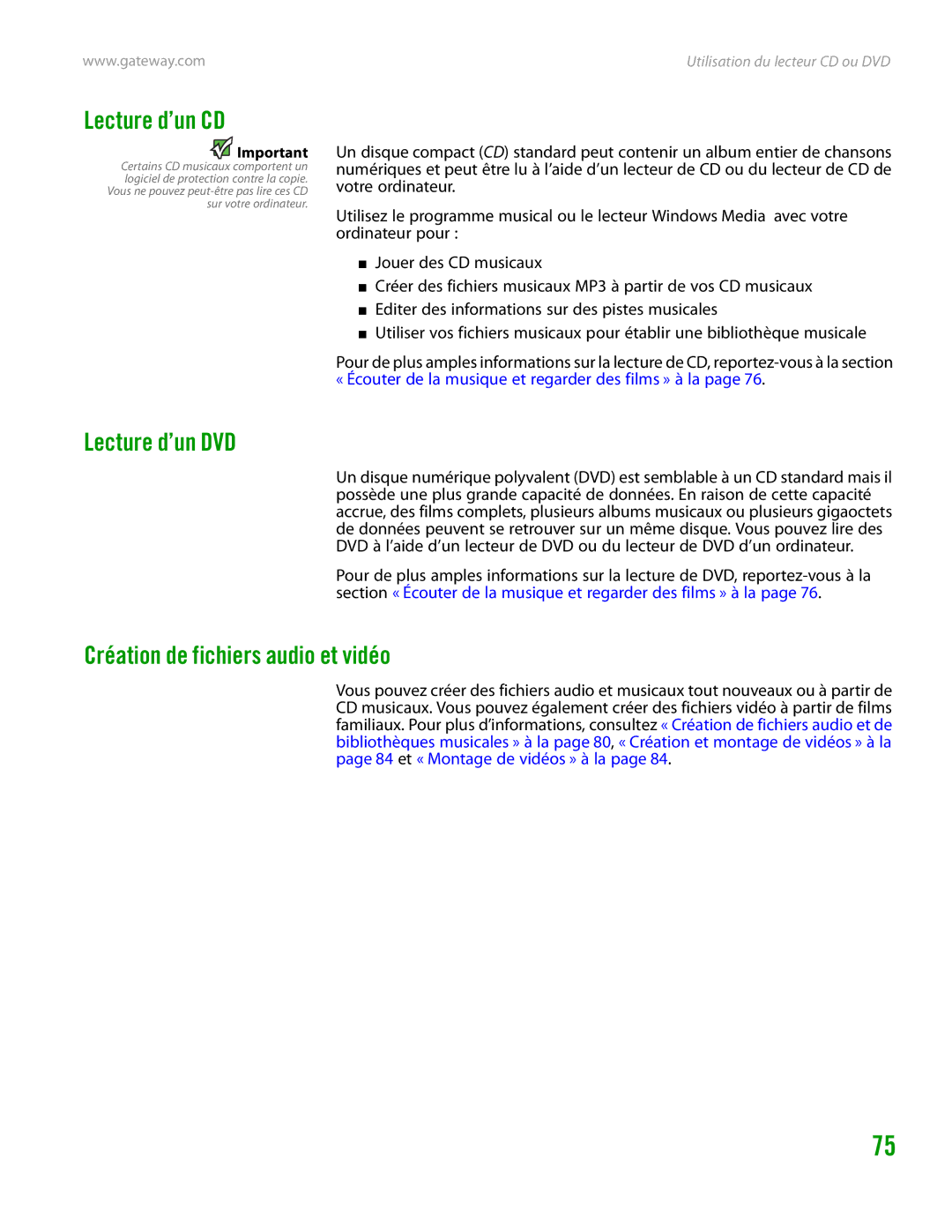 Gateway GT4015H manual Lecture d’un CD, Lecture d’un DVD, Création de fichiers audio et vidéo 