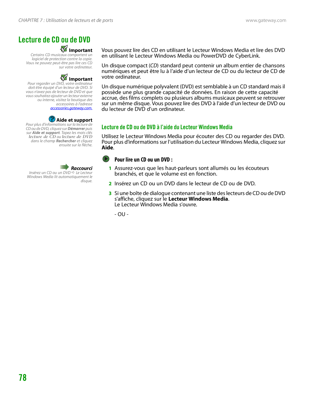Gateway GT4015H manual Lecture de CD ou de DVD à l’aide du Lecteur Windows Media, Pour lire un CD ou un DVD 