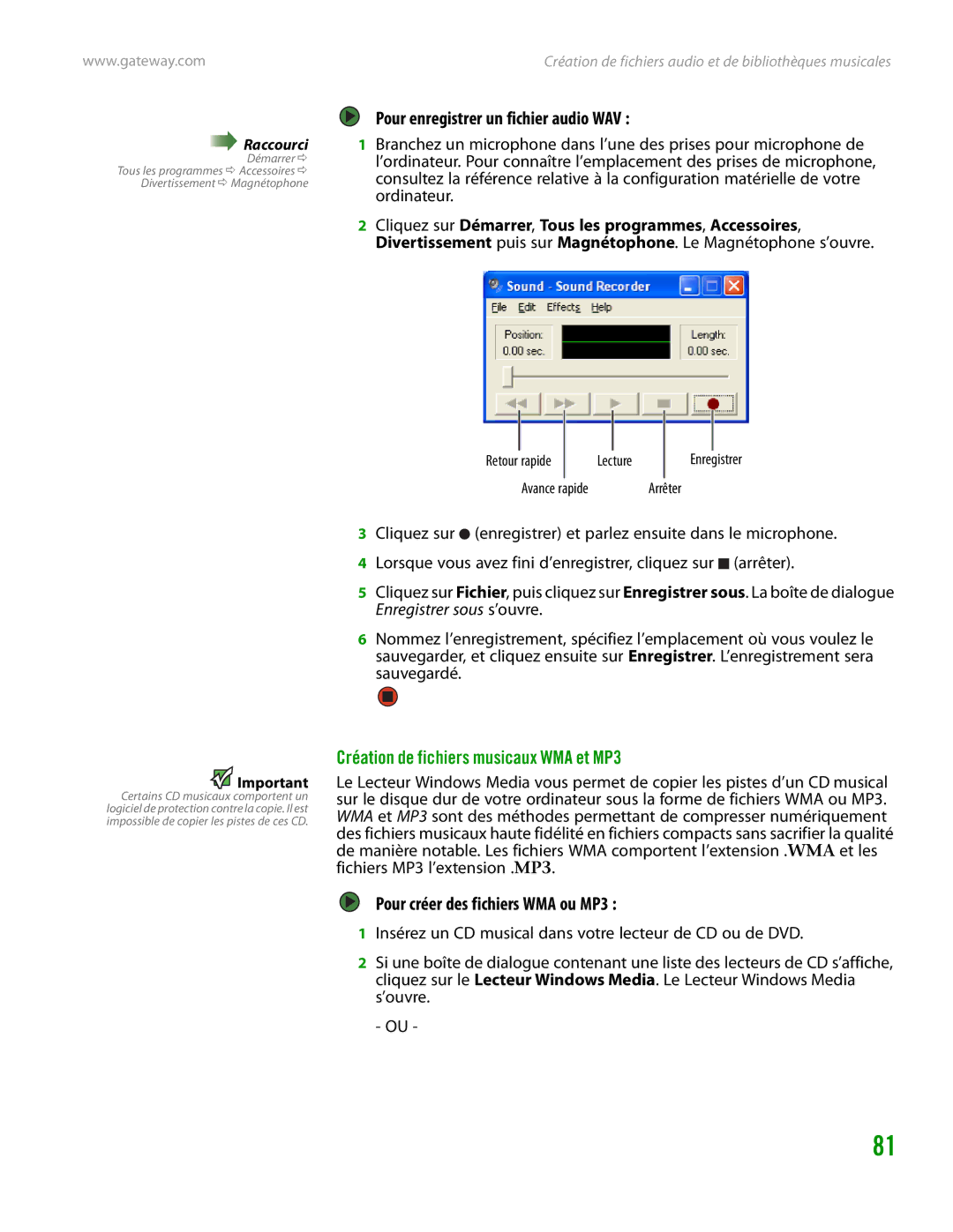 Gateway GT4015H manual Pour enregistrer un fichier audio WAV, Création de fichiers musicaux WMA et MP3 