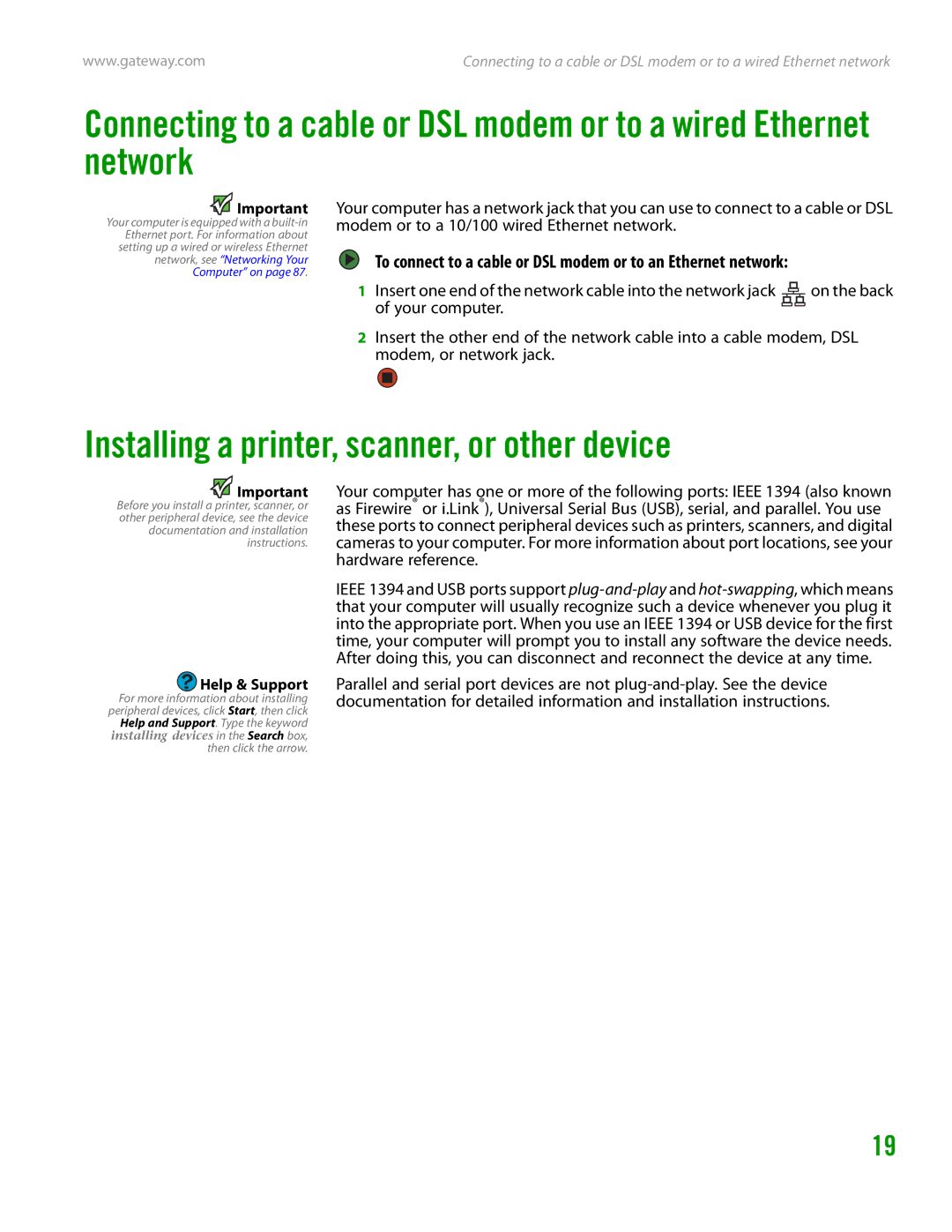 Gateway GT4015H manual Installing a printer, scanner, or other device 