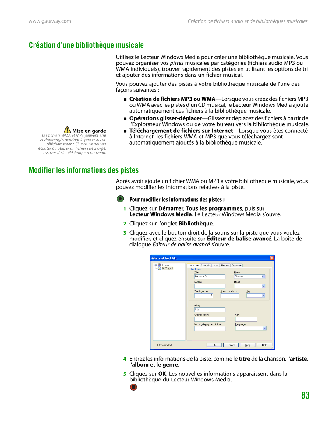 Gateway GT4015H manual Création d’une bibliothèque musicale, Modifier les informations des pistes 