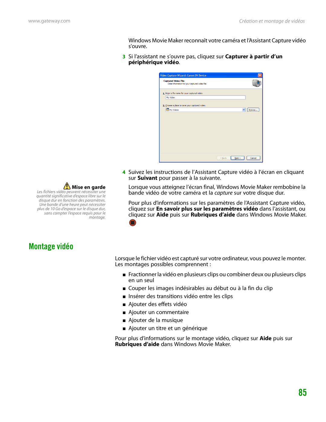 Gateway GT4015H manual Montage vidéo 