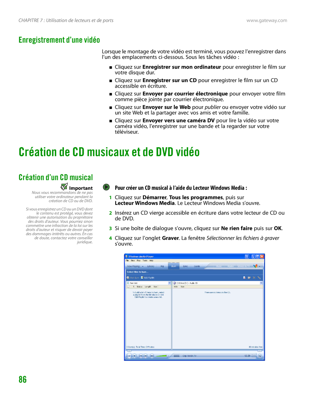 Gateway GT4015H manual Création de CD musicaux et de DVD vidéo, Enregistrement d’une vidéo 