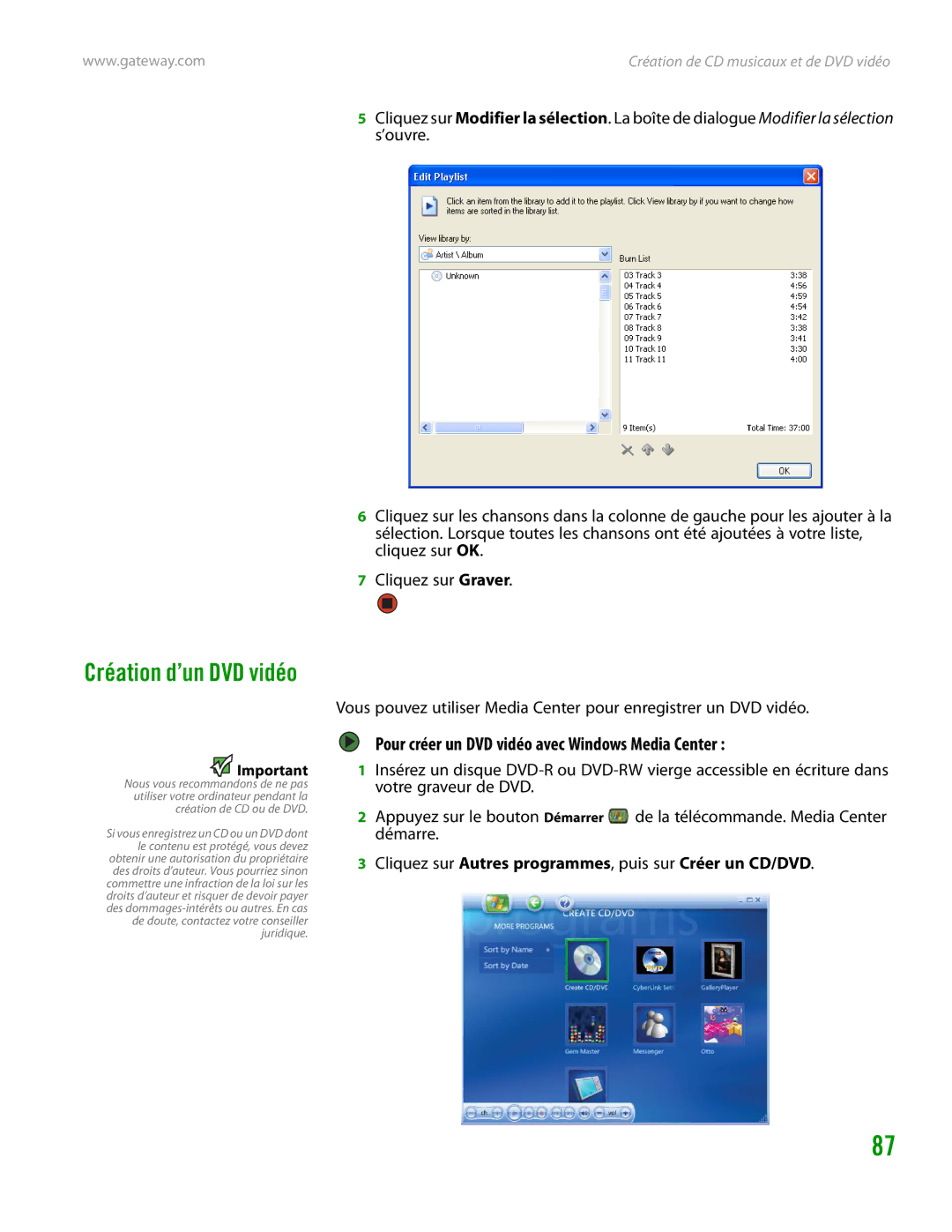 Gateway GT4015H manual Création d’un DVD vidéo, Pour créer un DVD vidéo avec Windows Media Center 