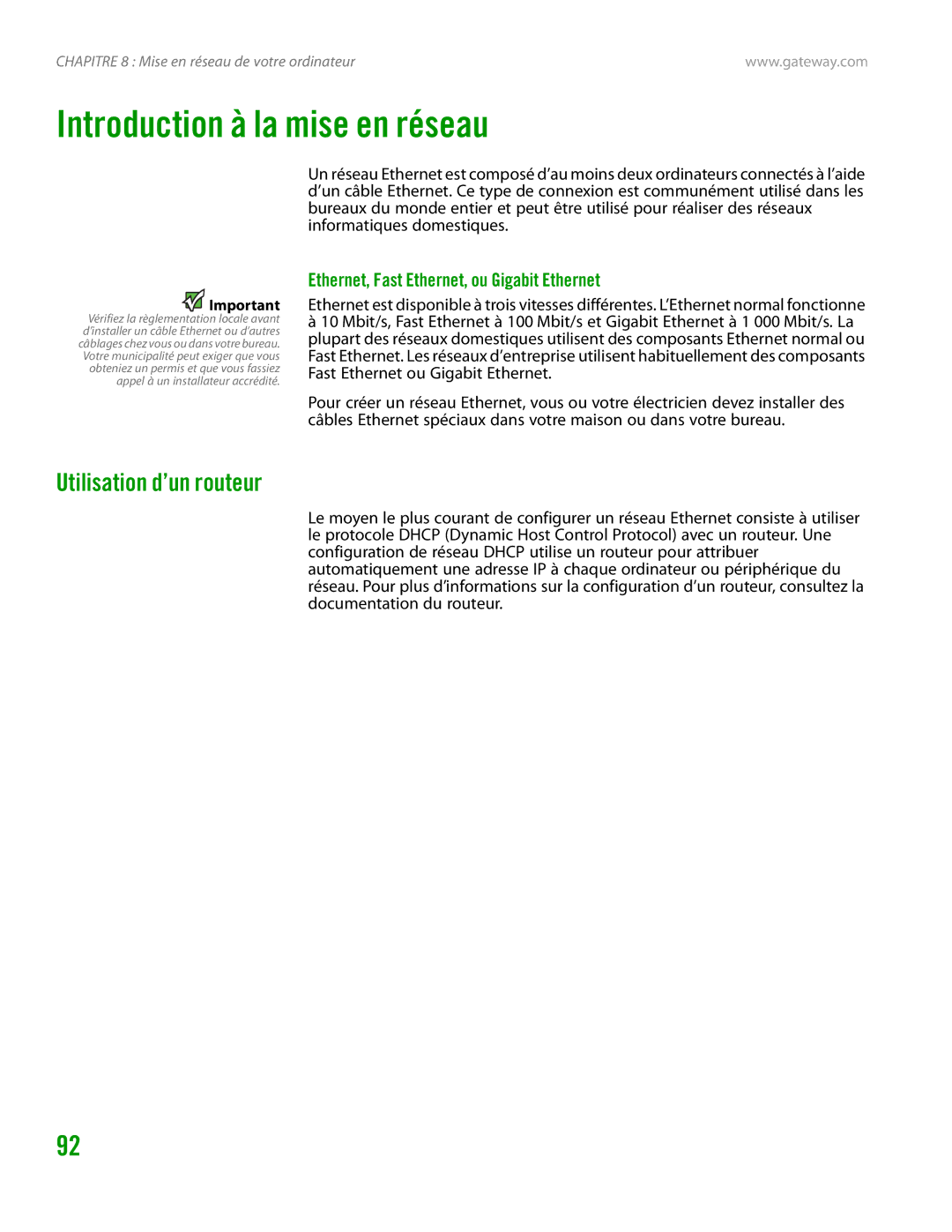 Gateway GT4015H Introduction à la mise en réseau, Utilisation d’un routeur, Ethernet, Fast Ethernet, ou Gigabit Ethernet 