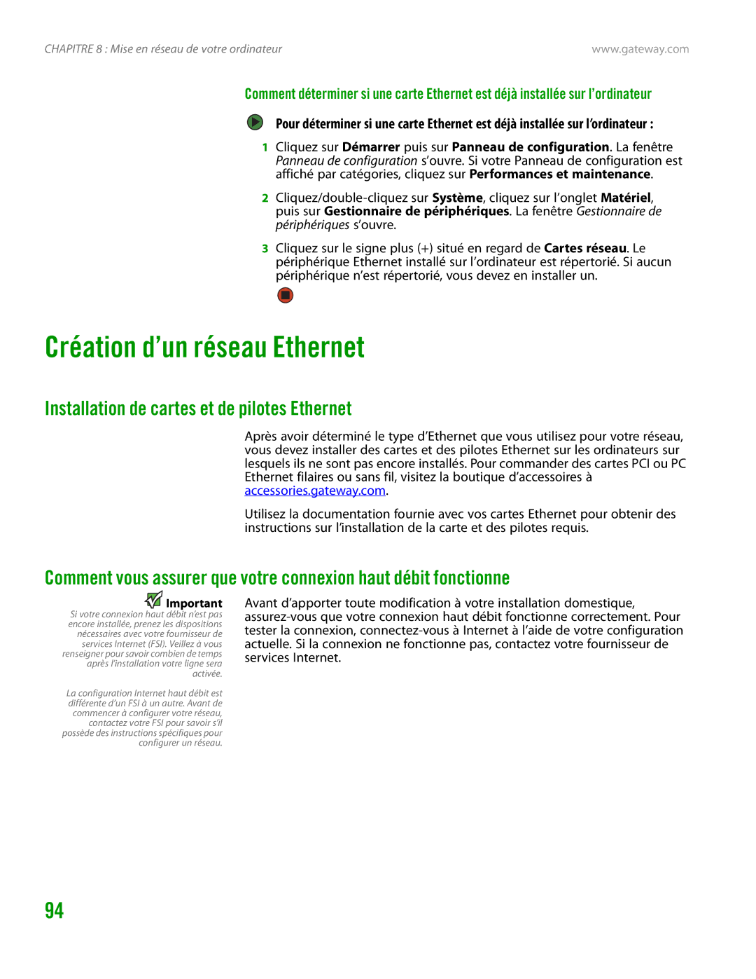 Gateway GT4015H manual Création d’un réseau Ethernet, Installation de cartes et de pilotes Ethernet 