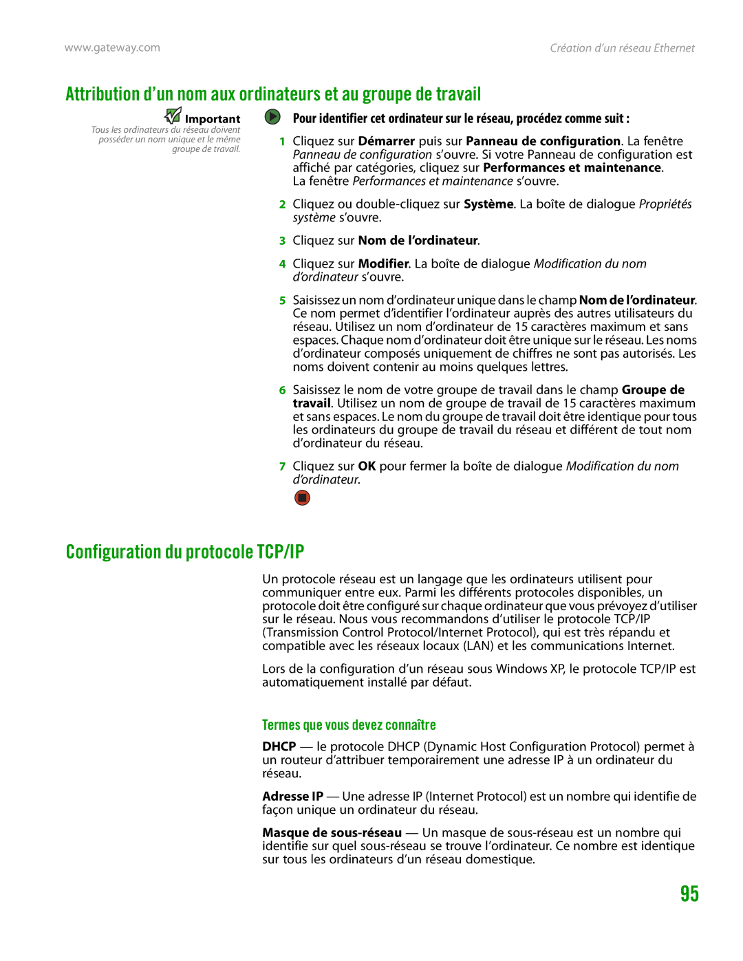 Gateway GT4015H manual Configuration du protocole TCP/IP, Termes que vous devez connaître, Cliquez sur Nom de l’ordinateur 