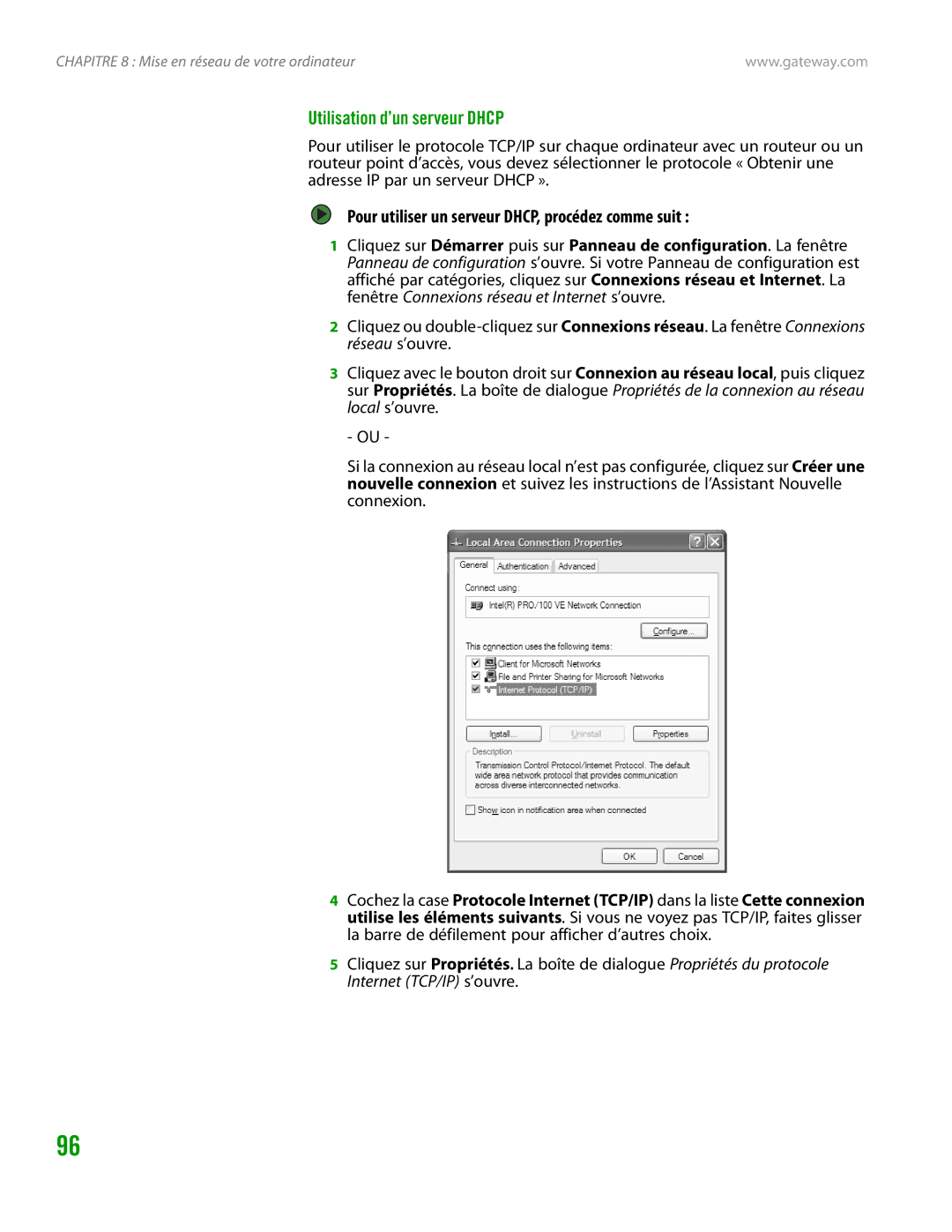 Gateway GT4015H manual Utilisation d’un serveur Dhcp, Pour utiliser un serveur DHCP, procédez comme suit 