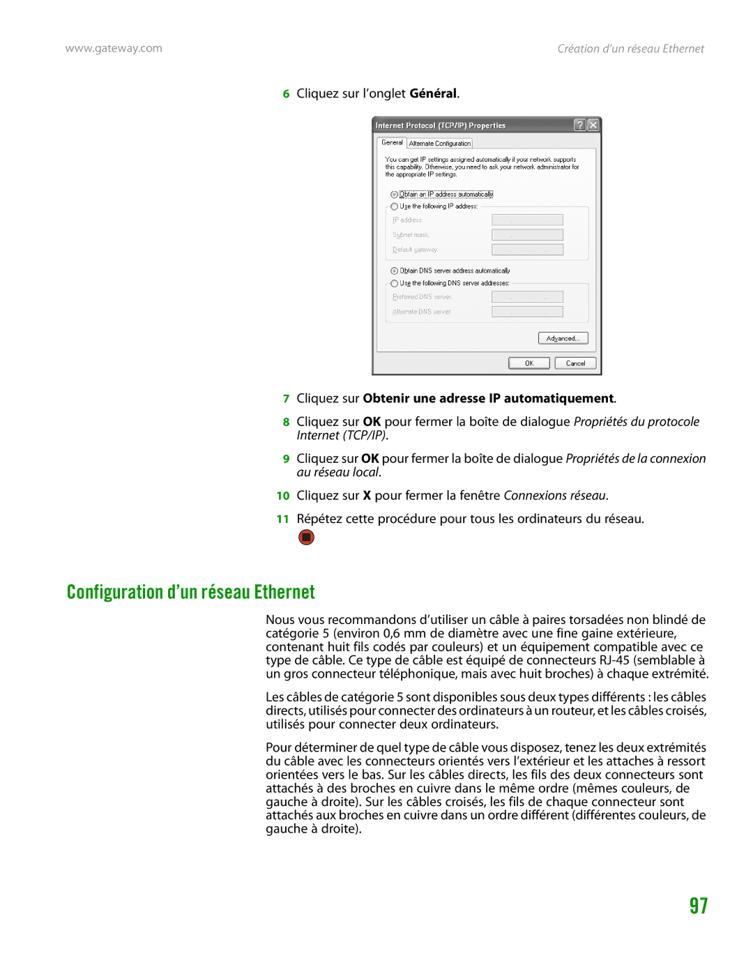 Gateway GT4015H manual Configuration d’un réseau Ethernet, Cliquez sur l’onglet Général 