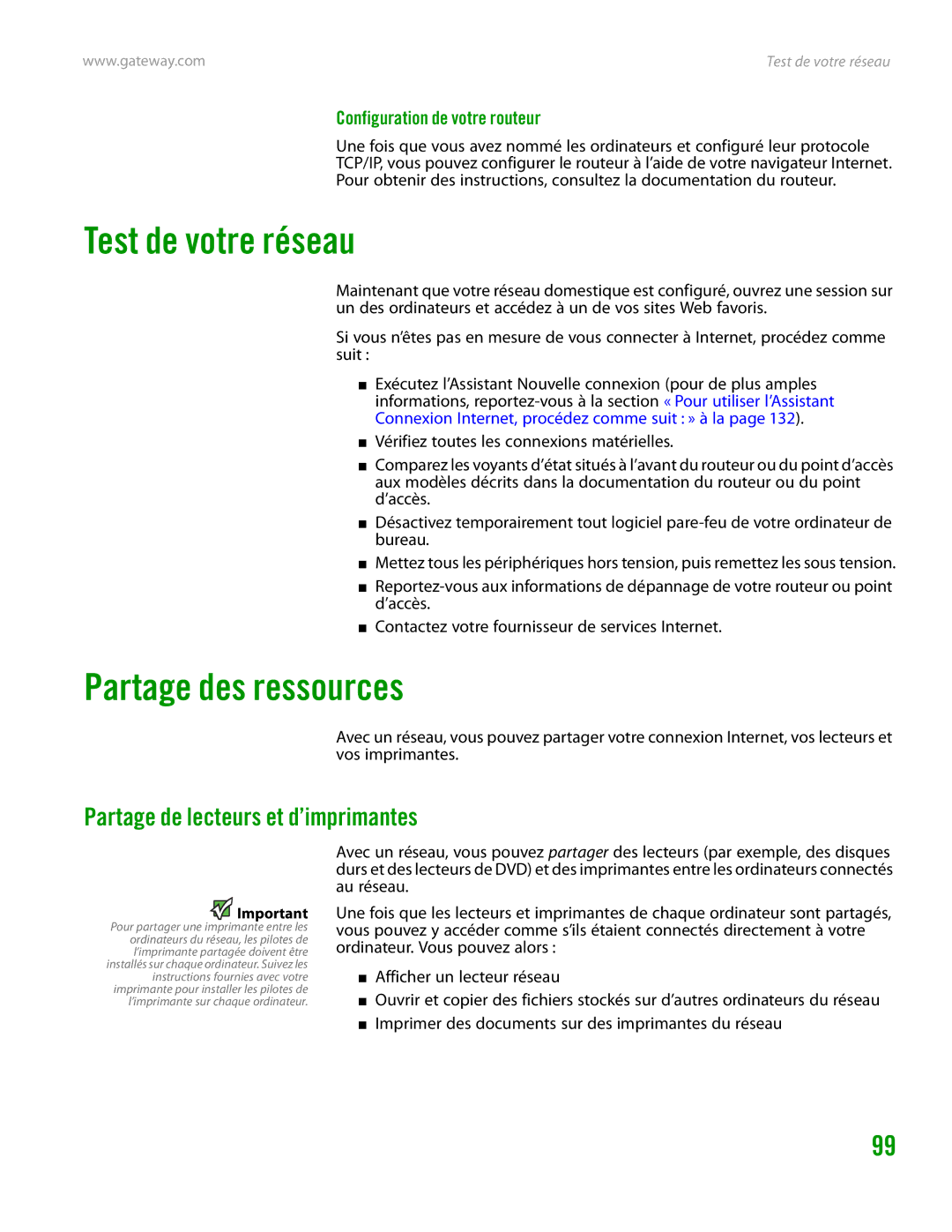 Gateway GT4015H manual Test de votre réseau, Partage des ressources, Partage de lecteurs et d’imprimantes 