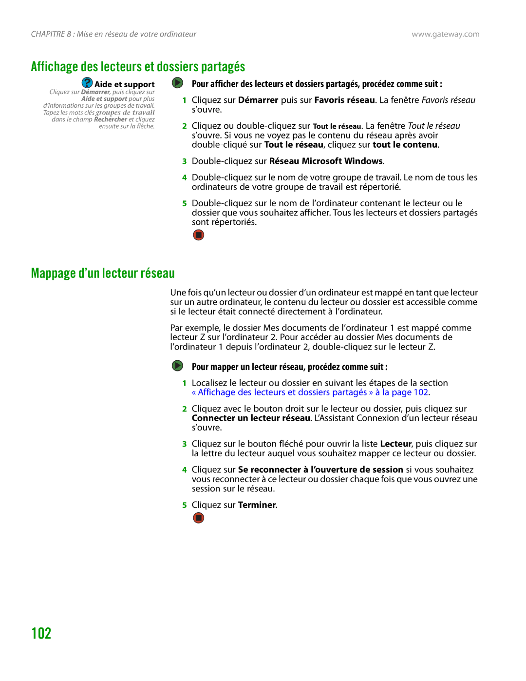 Gateway GT4015H manual Affichage des lecteurs et dossiers partagés, Mappage d’un lecteur réseau 