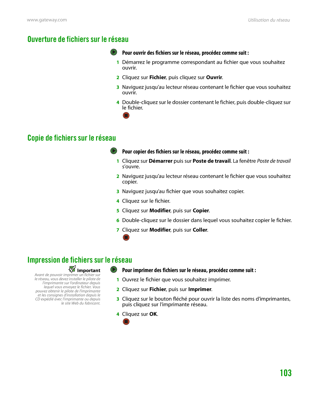Gateway GT4015H Ouverture de fichiers sur le réseau, Copie de fichiers sur le réseau, Impression de fichiers sur le réseau 