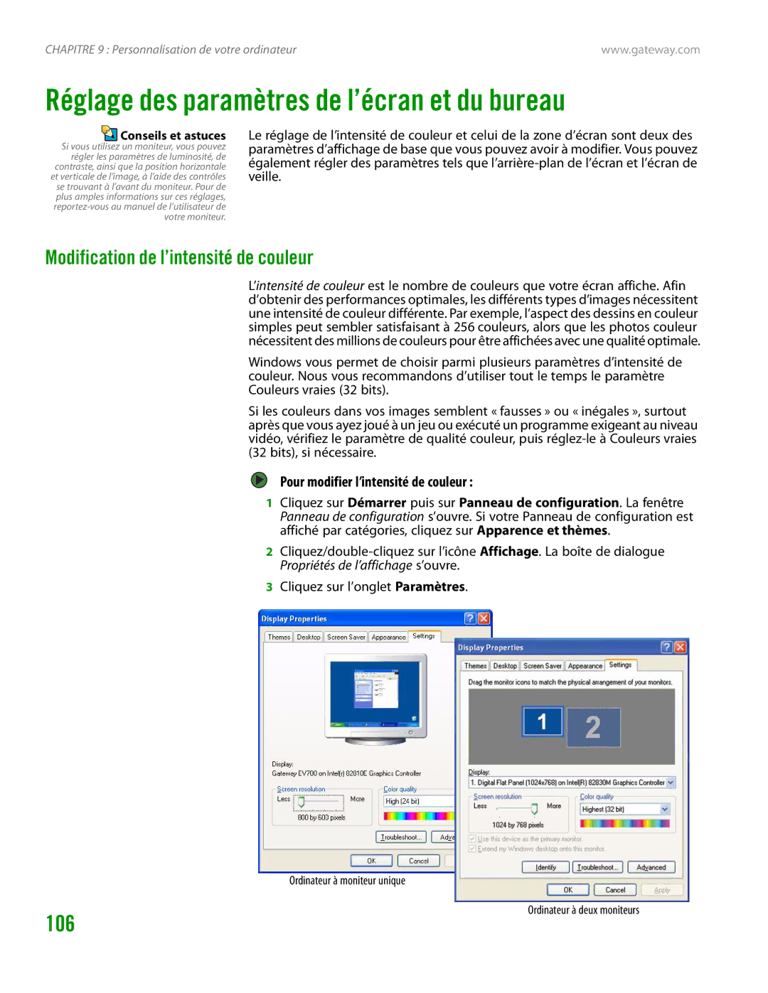 Gateway GT4015H manual Réglage des paramètres de l’écran et du bureau, Modification de l’intensité de couleur 