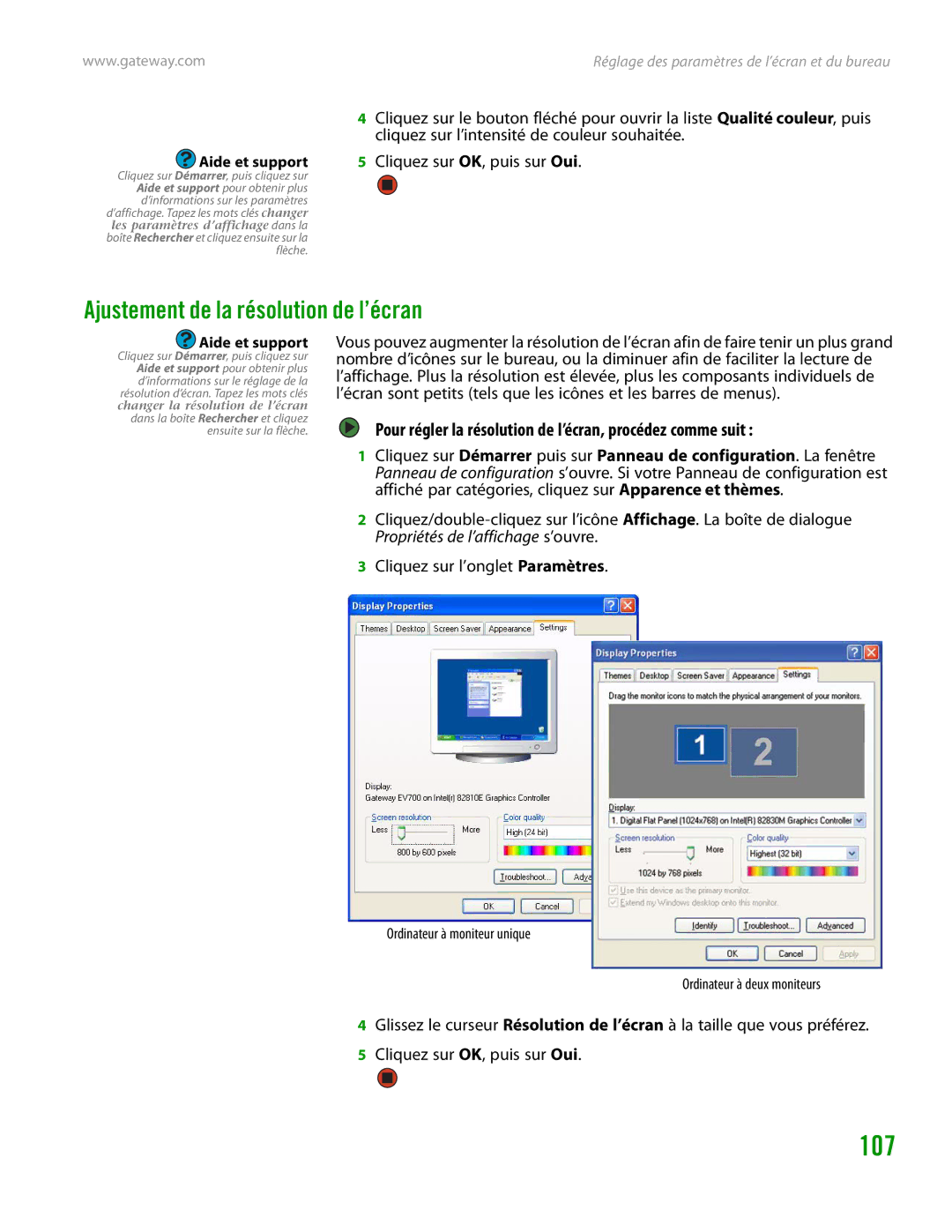 Gateway GT4015H manual Ajustement de la résolution de l’écran, Pour régler la résolution de l’écran, procédez comme suit 