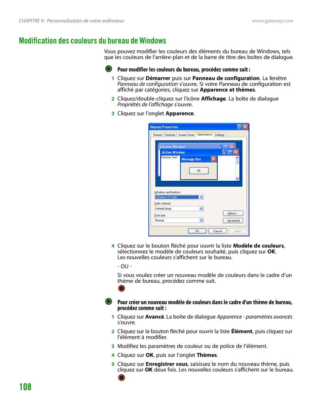 Gateway GT4015H Modification des couleurs du bureau de Windows, Pour modifier les couleurs du bureau, procédez comme suit 