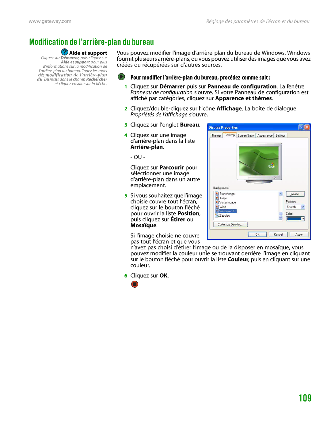 Gateway GT4015H Modification de l’arrière-plan du bureau, Pour modifier l’arrière-plan du bureau, procédez comme suit 