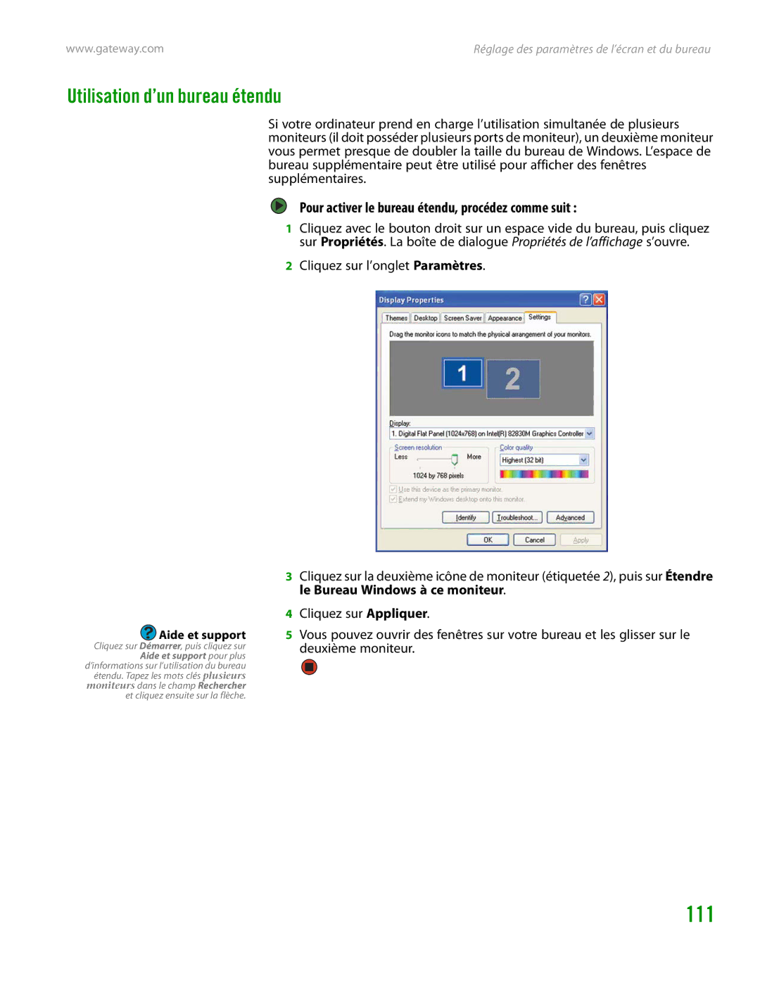 Gateway GT4015H manual Utilisation d’un bureau étendu, Pour activer le bureau étendu, procédez comme suit 