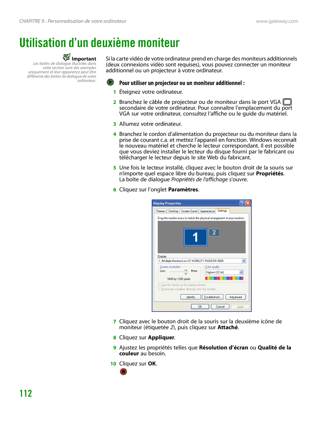 Gateway GT4015H manual Utilisation d’un deuxième moniteur, Pour utiliser un projecteur ou un moniteur additionnel 