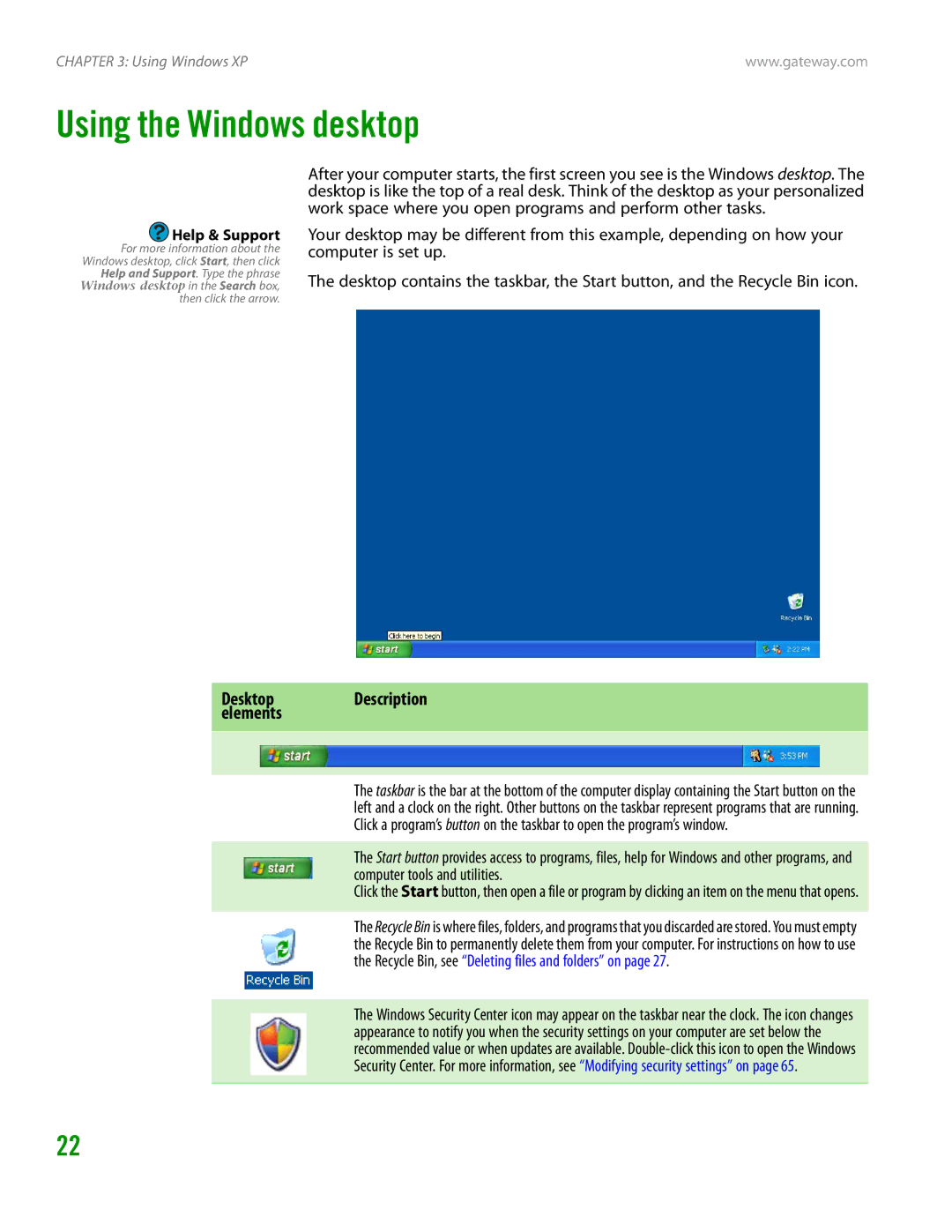 Gateway GT4015H manual Using the Windows desktop, Desktop Description elements 
