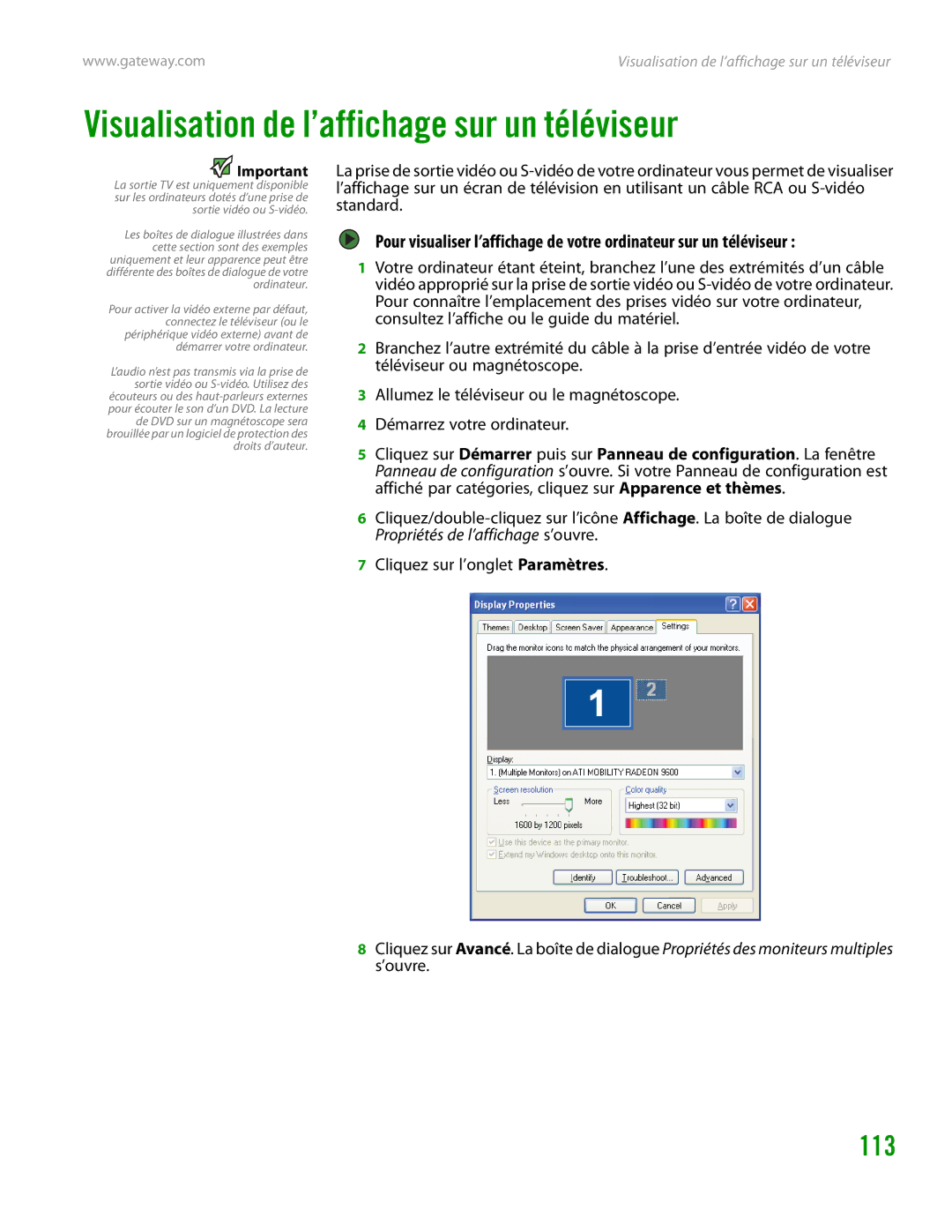 Gateway GT4015H manual Visualisation de l’affichage sur un téléviseur, 113 